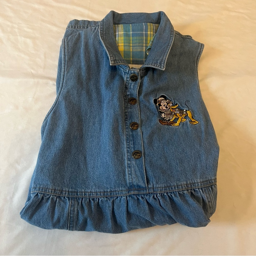 Vintage Walt Disney World Kids Pluto Denim Jumper Dress‎ Large Embroidered 90s